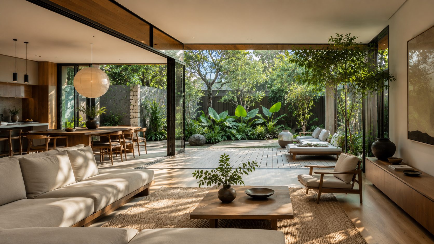 Open-plan living and dining opening through pocket glass doors onto a timber deck and a planted courtyard