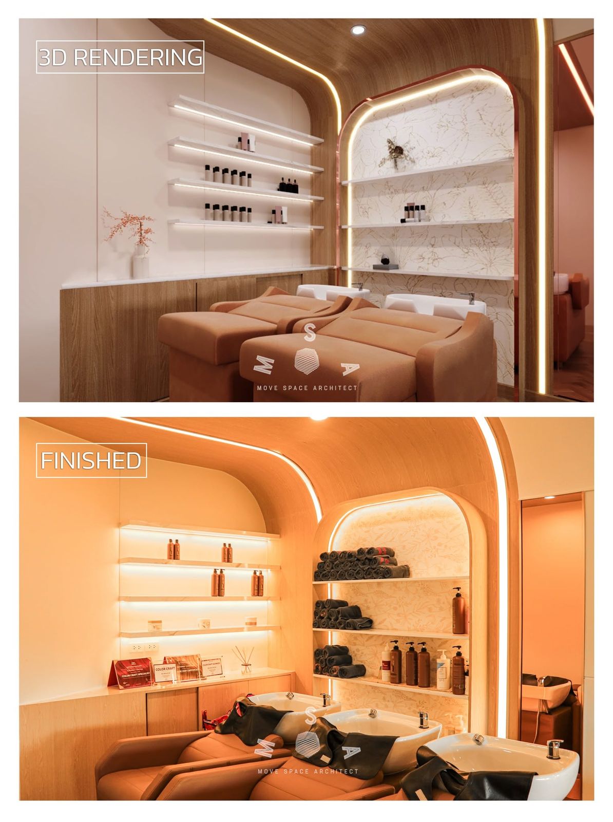 Be Branch · Khu Khot — Wash area: rendering above, finished below (rendering beside photograph)